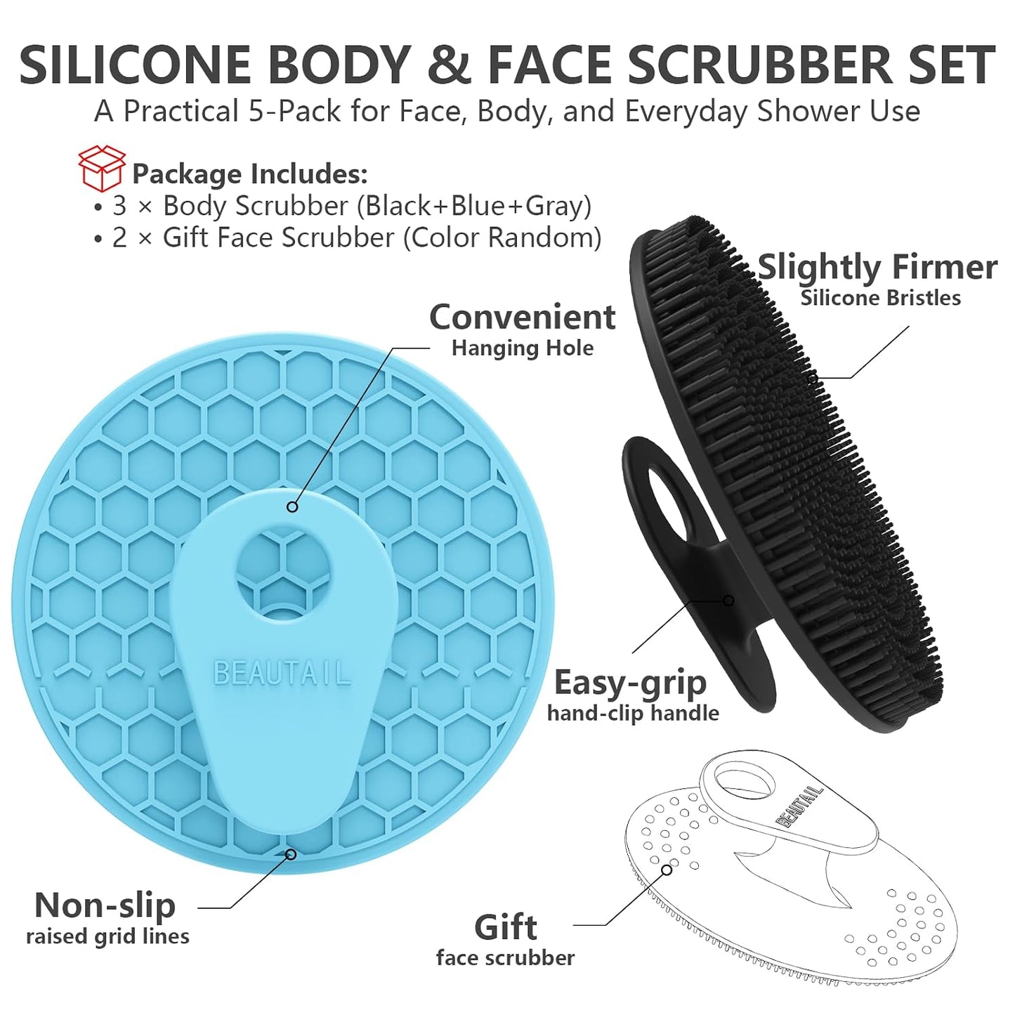Silicone Body and Face Scrubber Set 5 Pack, BEAUTAIL Shower Bath Scrubber, Gentle Exfoliating Brush for Women Men Sensitive Skin, More Hygienic Than Traditional Loofah, Long Lasting, Black+Pink+Green