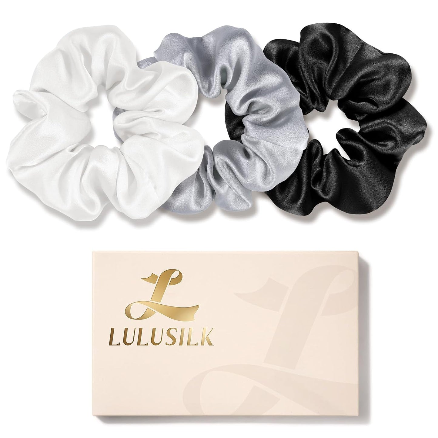 LULUSILK Silk Scrunchies for Hair Sleep, 100% Real Mulberry Silk, No Damage Hair Ties for Women and Girls, Classic Black, Pack of 3