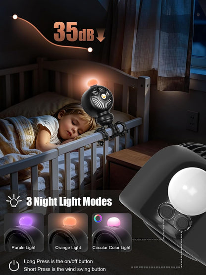 Portable Stroller Fan with 135° Auto Oscillation, 3-Color LED Night Light