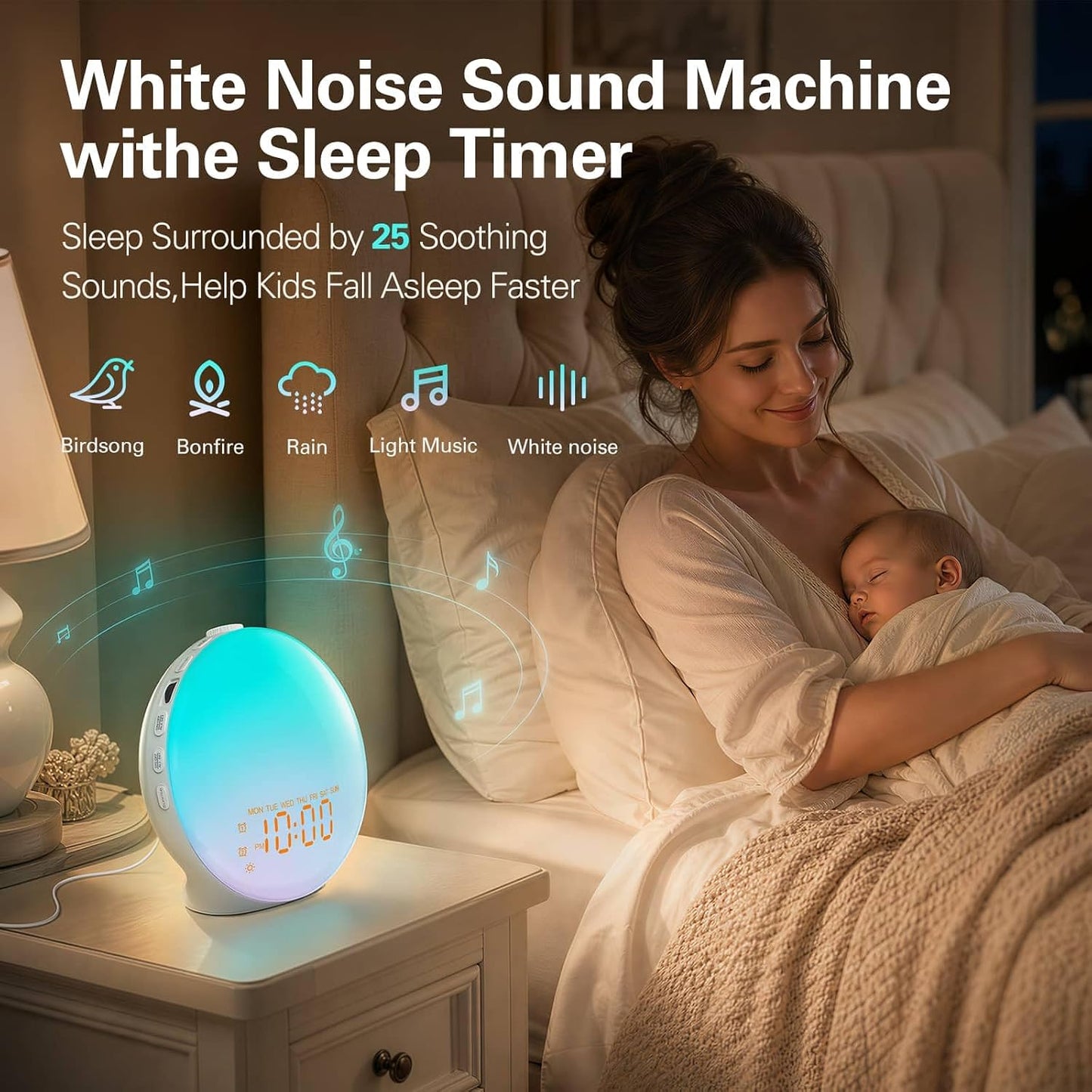 JALL Full Screen Dimmer Sunrise Alarm Clocks for Bedrooms, Wake Up Light with FM Radio, 25 White Noise Sleep Sounds, Bluetooth Speaker, Dual Alarms Bedside Clock for Heavy Sleepers