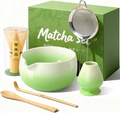 Matcha Whisk Set, Ceramic Matcha Set Includes Bowl & Holder, Bamboo Whisk (Chasen), Scoop, Spoon and Sifter, 6PCS Matcha Kit Covers Everything Needed for Making Matcha (Green)