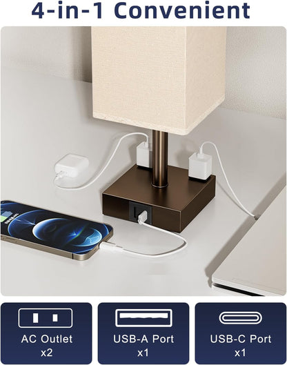 Touch Bedside Table Lamp for Bedroom - Dimmable, USB C+A, 2 AC Outlets