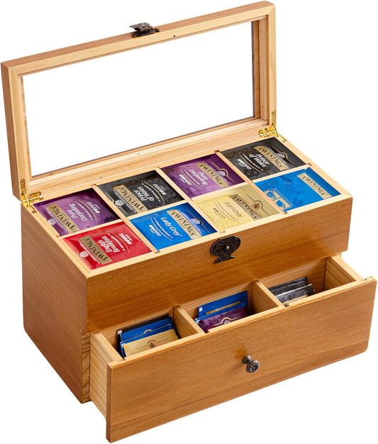 WELLAND Wood Tea Bag Organizer, Storage Box with Clear Acrylic Window, 2-layer 14 Compartments Large Capacity Tea Bag Holders, Gift Idea