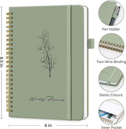 Taja Undated Weekly Planner, Weekly To Do List Notebook with Goal & Habit Tracker Organizer, A5 Weekly Planner Notebook with Spiral Binding, 6.1" x 8.2" - Green