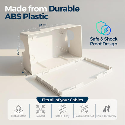 Cable Management Box ABS 12.6x7.9x4.5in, White, Mounting Kit Included