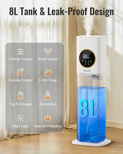 LACIDOLL Humidifiers for Bedroom 500 sq ft, 2.1Gal/8L Humidifier large room