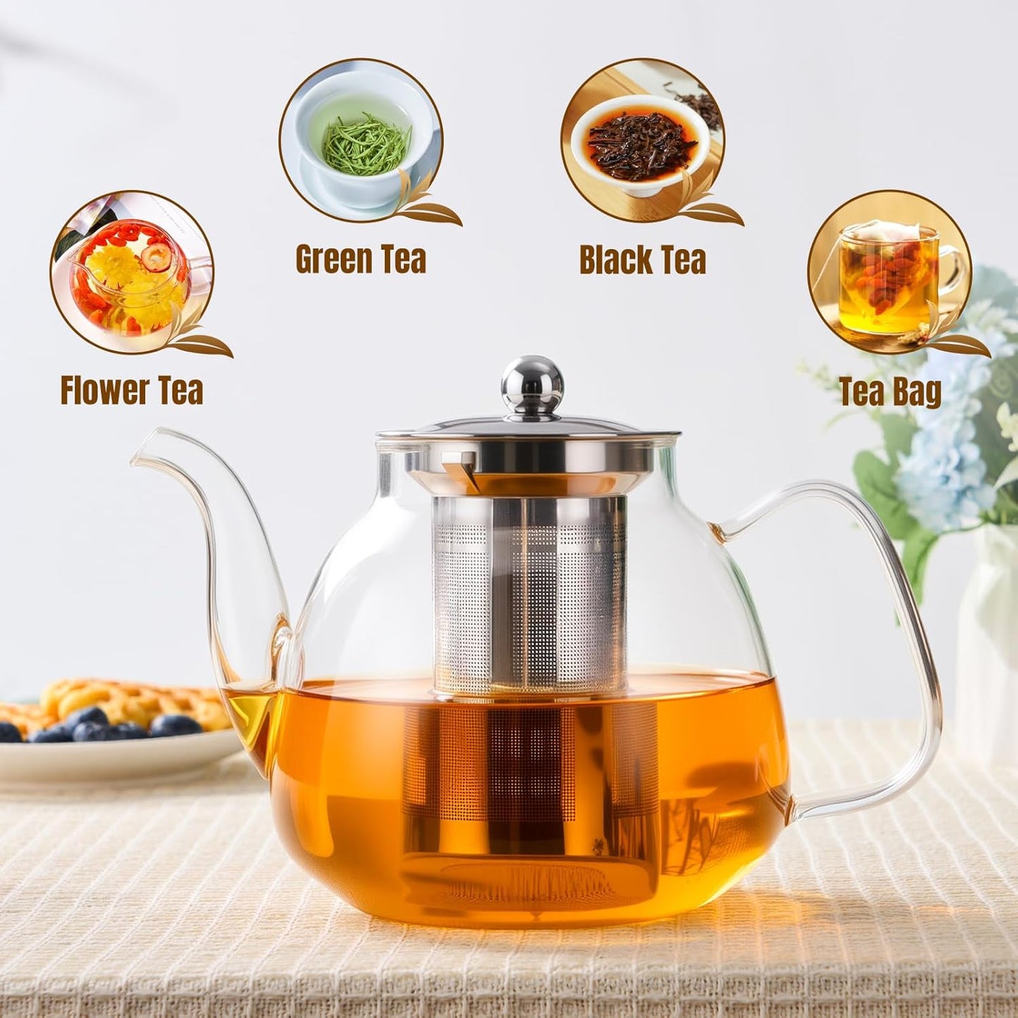 PARACITY Glass Teapot Stovetop 40 OZ/1200ml, Borosilicate Clear Tea Kettle with Removable 18/8 Stainless Steel Infuser, Teapot Blooming and Loose Leaf Tea Maker Tea Brewer for Camping, Travel