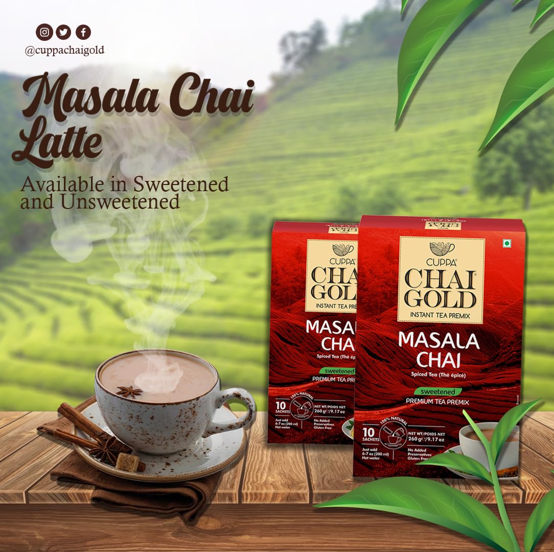 Cuppa Chai Gold Instant Masala Chai Latte Mix, Sweetened with Cane Sugar, Authentic Indian Spiced Tea, 10 Single-Serve Packets, Gluten Free, No Preservatives