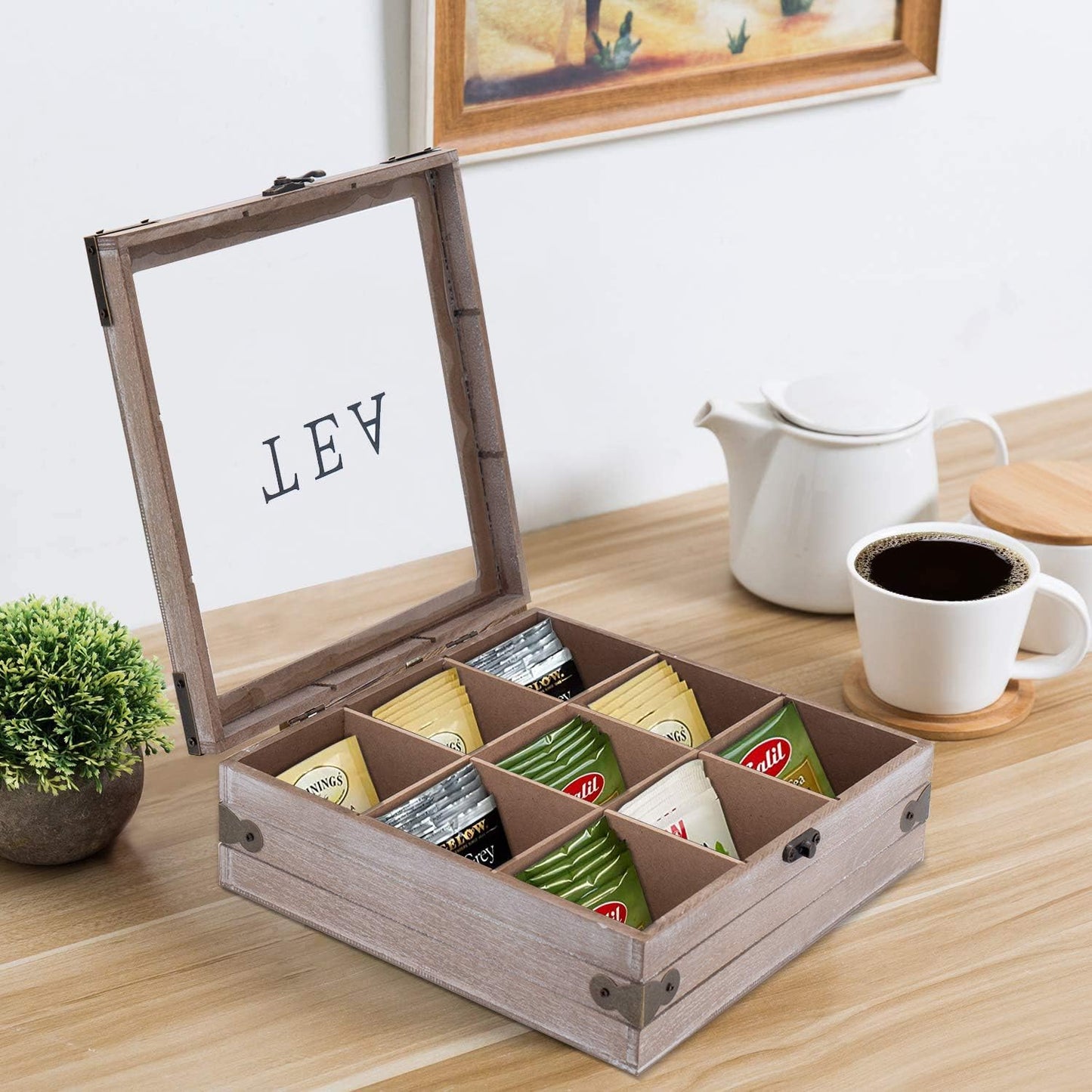 Tea Box Organizer - Rustic Tea Bag Storage,Teas Bag Holder for Coffee Sugar Pods Packets & More – Elegant Tea Storage Solution for Home & Kitchen (Gray)