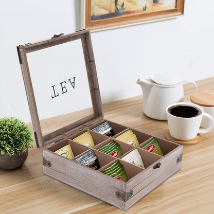 Tea Box Organizer - Rustic Tea Bag Storage,Teas Bag Holder for Coffee Sugar Pods Packets & More – Elegant Tea Storage Solution for Home & Kitchen (Gray)
