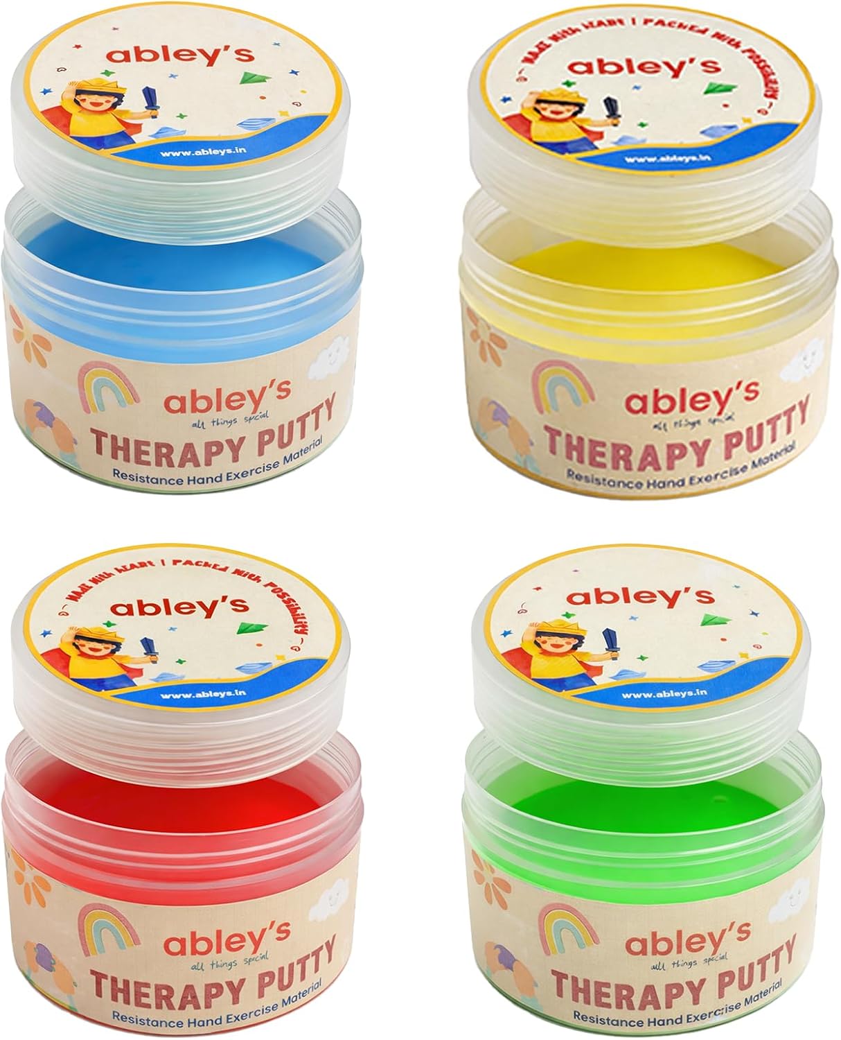 Abley’s Therapy Putty for Kids Play & Projects | Hand Exercise & Occupational Therapy Tool | Stress Relief & Fine Motor Skill Development | 4 Resistance Levels, 50g Each, Set of 4