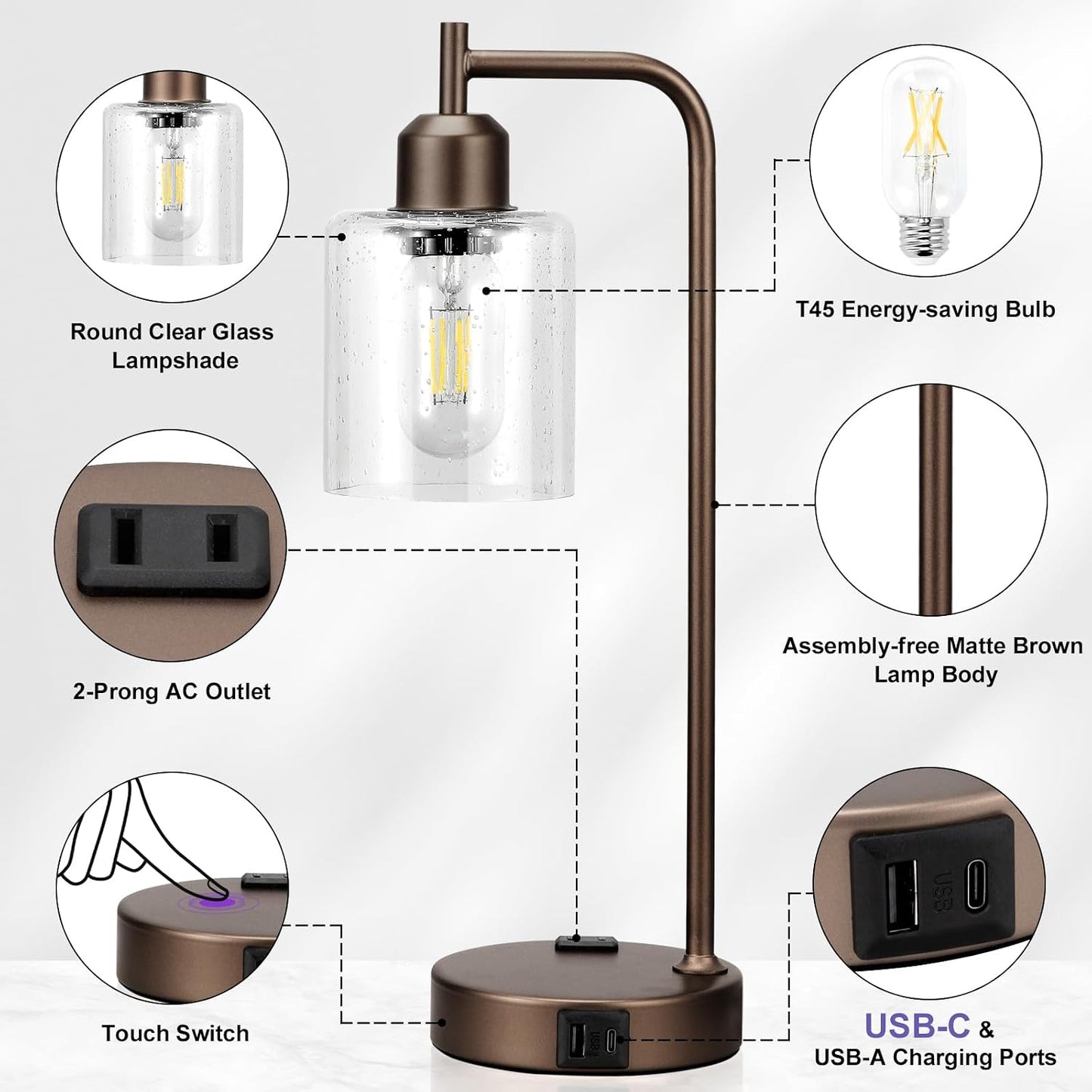 Industrial Touch Lamps for Nightstand Set of 2, 3-Way Dimmable Bedside Lamp