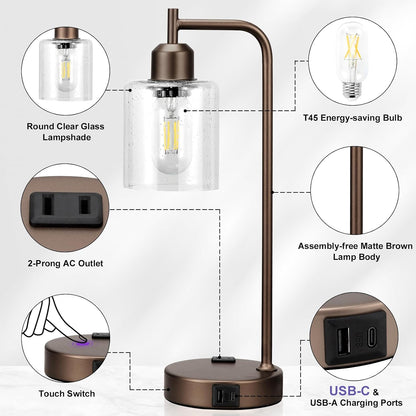 Industrial Touch Lamps for Nightstand Set of 2, 3-Way Dimmable Bedside Lamp
