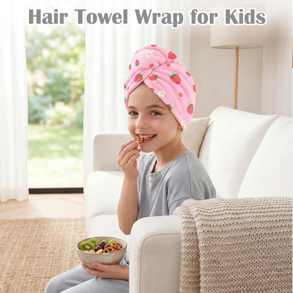 Microfiber Hair Towel Wrap for Kids 2 Pack Quick Drying Hair Towels with Button Hair Turbans for Wet Hair Absorbent Quick Dry Wraps Head Towel Wrap for Women and Girls, Pink Purple Bow