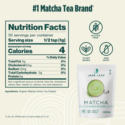 Jade Leaf Matcha - Artisanal Barista Edition - Ceremonial Grade, First Harvest, Authentic Japanese Origin Matcha Powder for Café Quality Tea & Lattes, 50 Servings (1.76 Ounce Pouch)