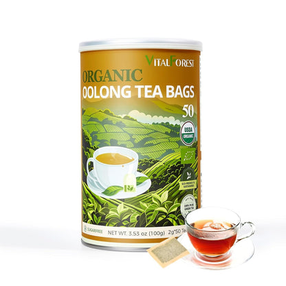 Organic Oolong Tea Bags, 50 Count, Unbleached, ECO-Conscious Chinese Oolong Tea, VitalForest High Mountain Tea Tie Guan Yin, Non-GMO, Container Pack for Gift Set