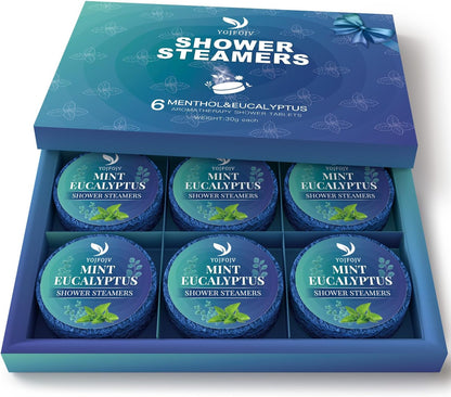 Shower Steamers Aromatherapy, 6PCS Enhanced Mint Shower Tablets with Natural Eucalyptus Essential Oil, Self-Care & Relaxation Gift Set for Women & Men, Daily Home Spa Shower, Calming Aromatherapy