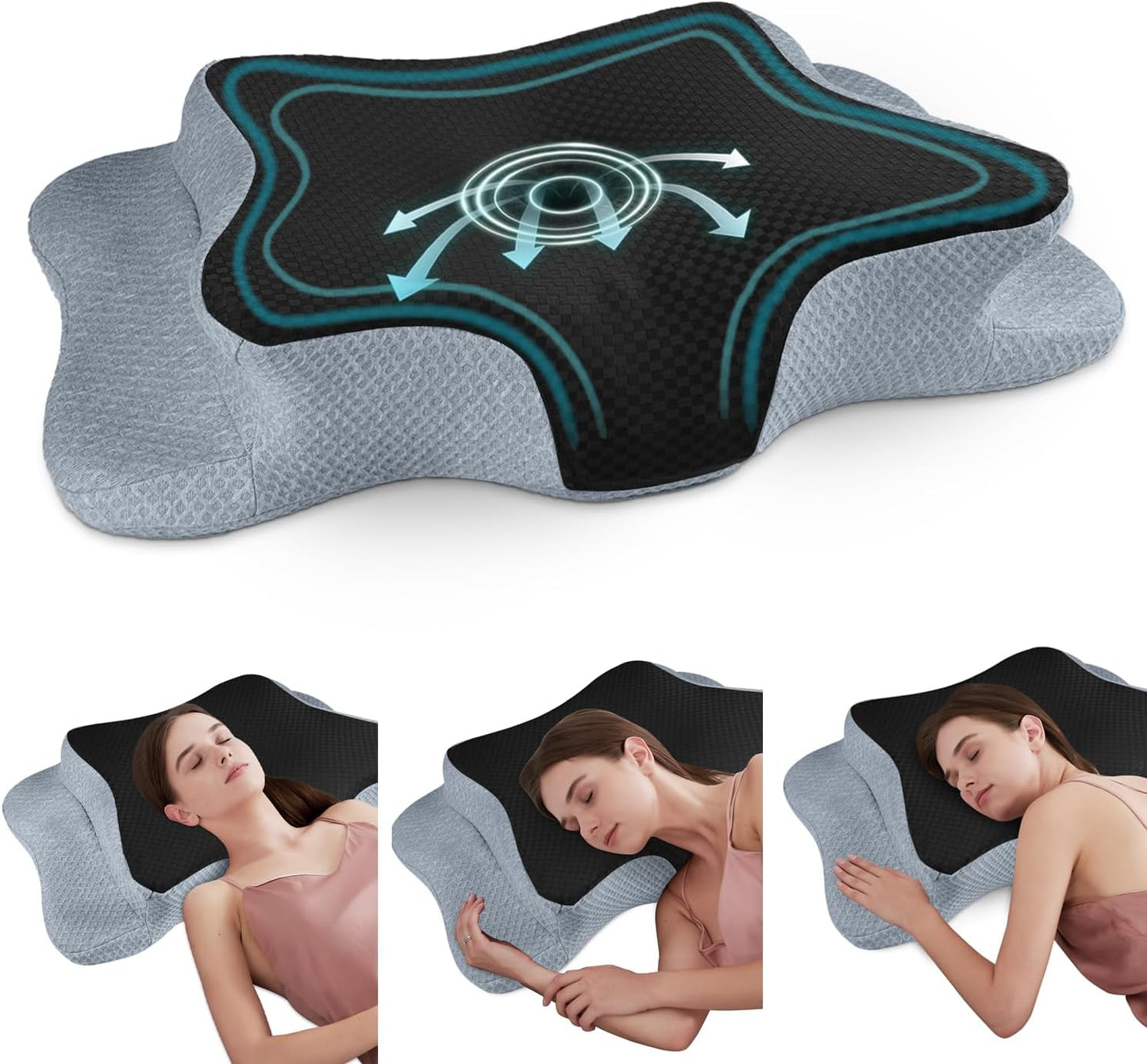 CHxxy Cervical Neck Pillow for Pain Relief Sleeping, Memory Foam Pillows, Ergonomic Side Sleeper Pillows, Cooling Orthopedic Neck Support Pillow for Back Stomach Sleepers-Queen Size Grey&Grey