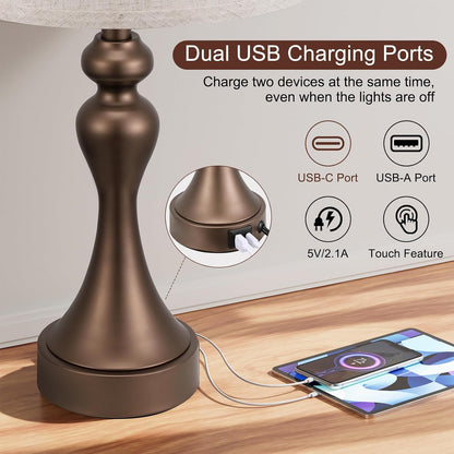 Seealle Touch Lamps for Nightstand - Bedside Lamps Set of 2, 3 Way Dimmable, USB C+A for Bedroom & End Tables (LED Bulbs Included)