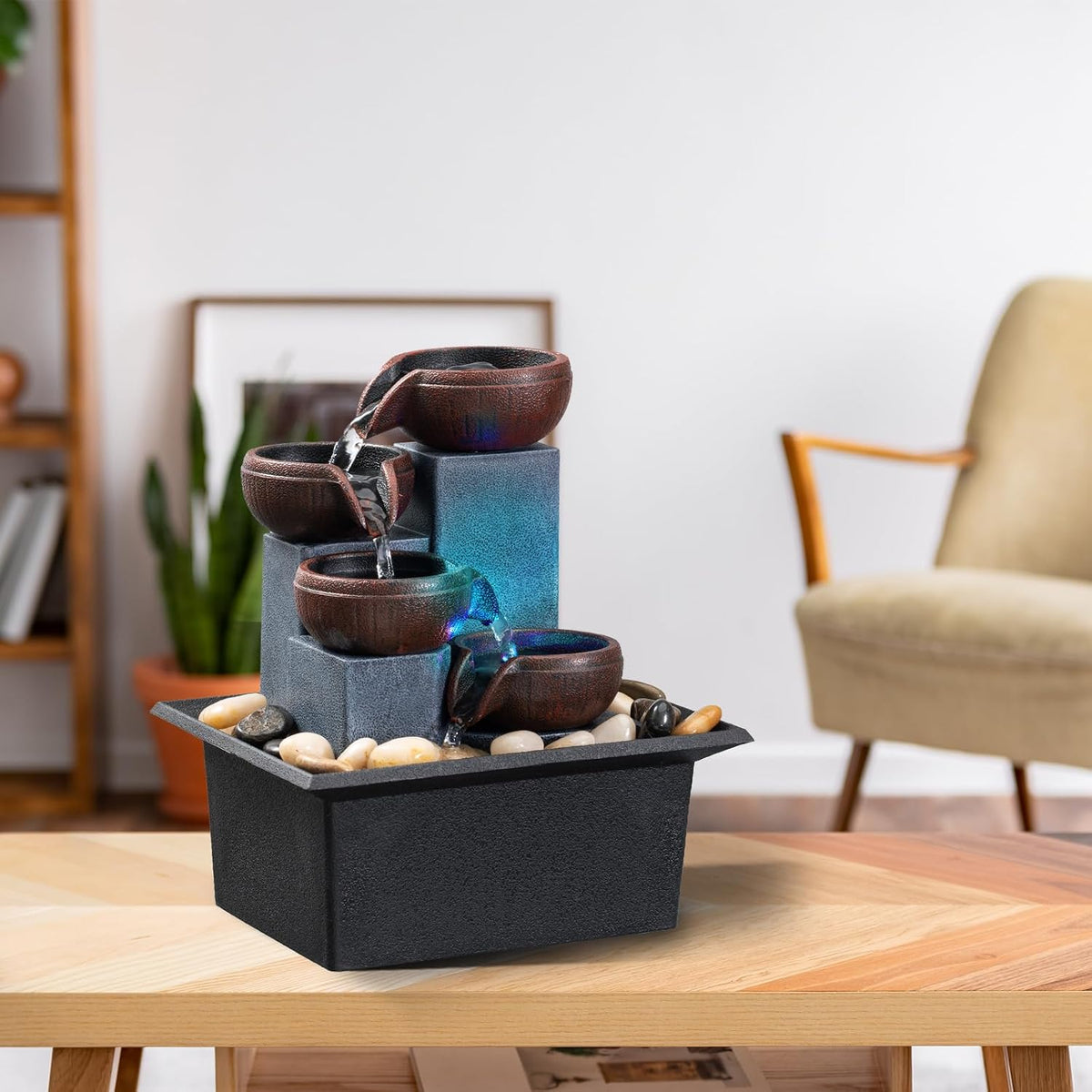 Tabletop Fountain 4 Level Small Waterfall Fountain Indoor Relaxing Water Feature Meditation Fountain for Home Office Bedroom Decoration Including LED Lighting Natural Rocks as Festival Gifts