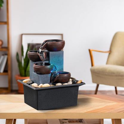 Tabletop Fountain 4 Level Small Waterfall Fountain Indoor Relaxing Water Feature Meditation Fountain for Home Office Bedroom Decoration Including LED Lighting Natural Rocks as Festival Gifts
