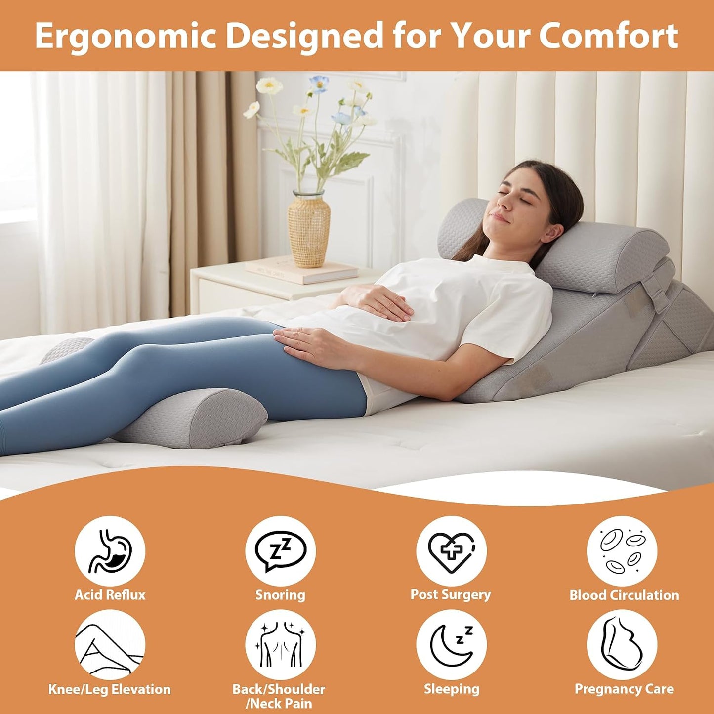 BIEEZZK Wedge Pillow Set for After Surgery, Wedge Pillow for Acid Reflux, Bed Wedge Pillow with Adjustable 9&12inch for Headboard,Sleeping, Orthopedic Memory Foam for Neck&Back Support, White/Grey