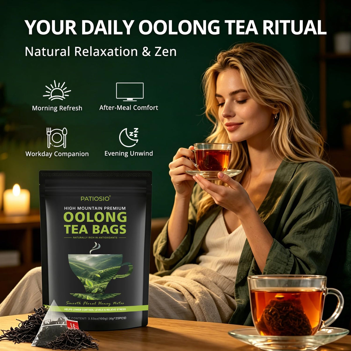 Oolong Tea Bags – Yunnan High-Mountain Oolong Whole Leaf Tea Bags,25 Bags (4g Each) –Cortisol & Calming Tea for Stress Relief,Digestion & Metabolism,Loose Leaf Oolong Tea, Smooth Aroma,Low-Astringency