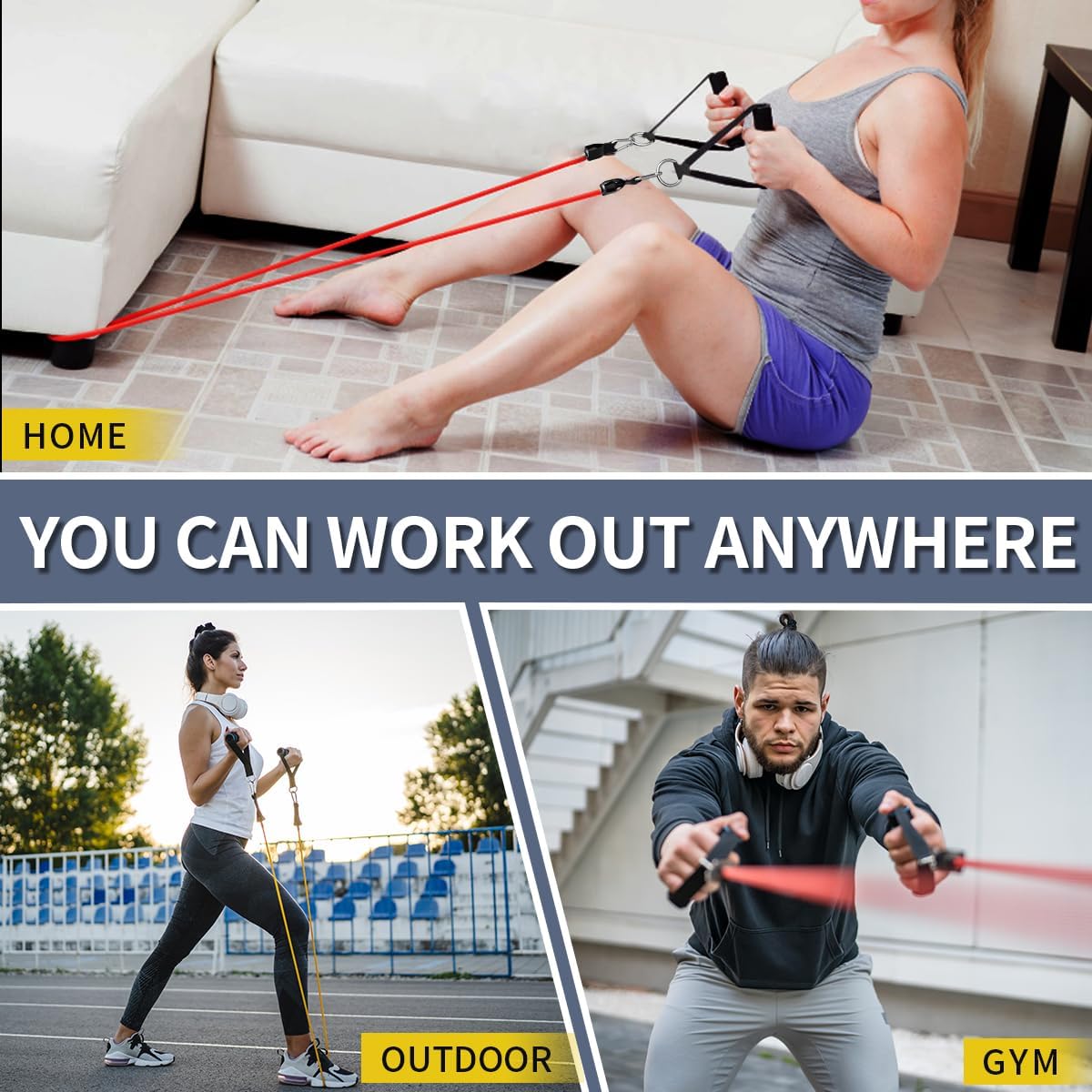 WHATAFIT Resistance Bands, Exercise Bands, Workout Bands with Handles, Door Anchor and Ankle Straps, 5 Resistance Levels Fitness Bands for Strength Training, Physical Therapy, and Home Gym Equipment