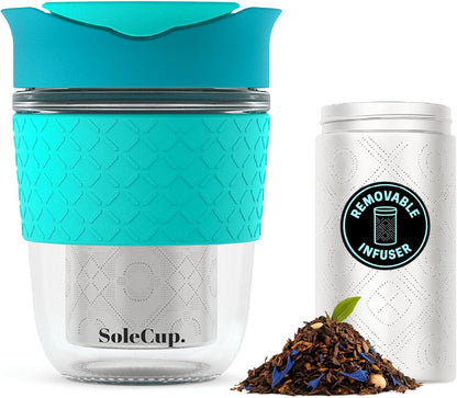 Large Travel Mug Loose Tea Infuser - Detachable Tea Strainer with Spill Proof Lid - 18oz/530ml BPA-Free Reusable Glass Travel Coffee Cup with Silicone Band (Ice Cream, 18oz)