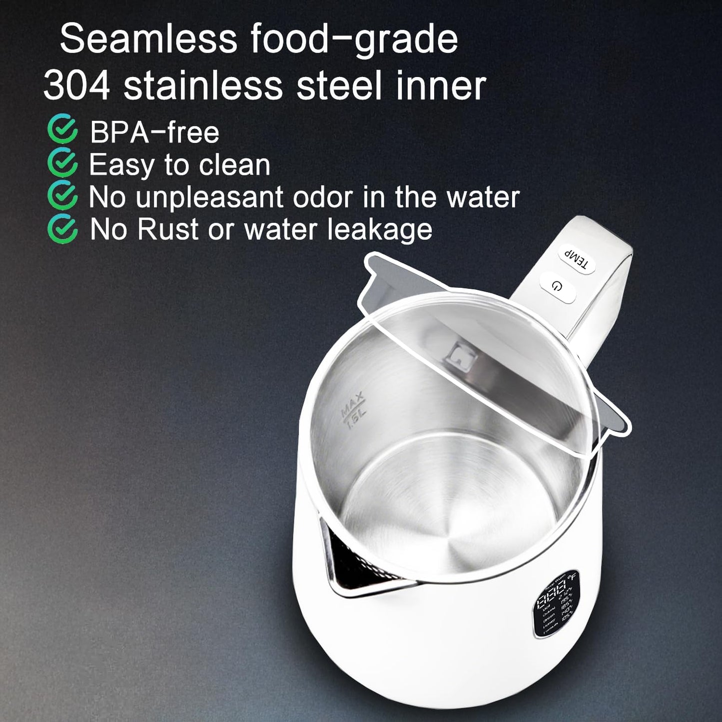 1.5L Electric Kettle Stainless Steel Double Wall Cold Touch Tea Kettle, Quick Boil, 5 Temperature Control, LED Display, Auto Shutoff, Warm Function, Green