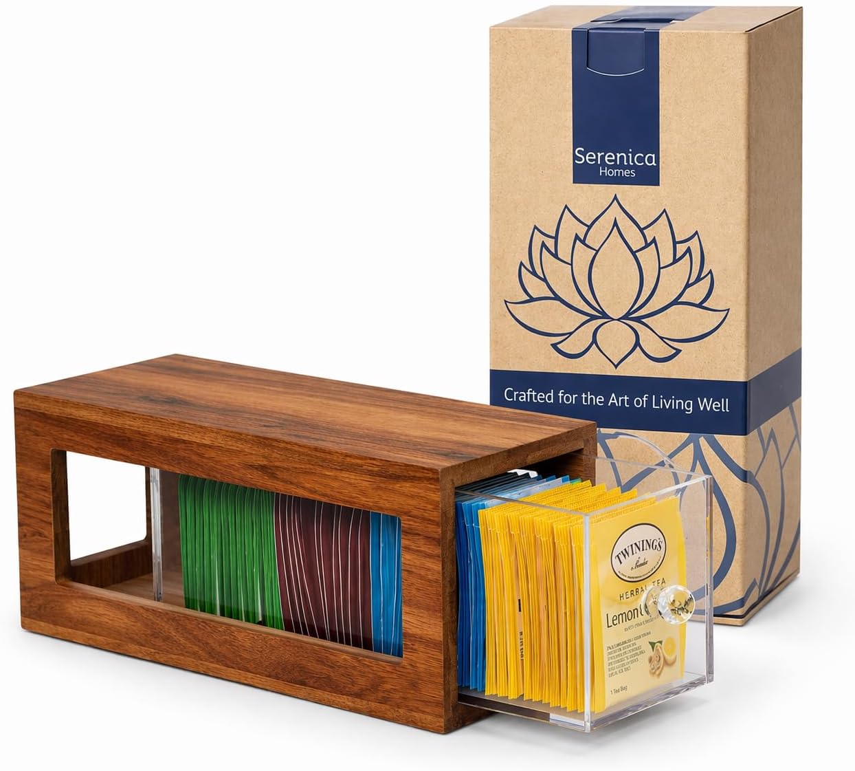Bamboo and Acrylic Drawer Tea Bag Holder- Durable & Elegant Tea Bag Storage Holder for Kitchen Countertop, Space-Saving Tea Drawer Organizer