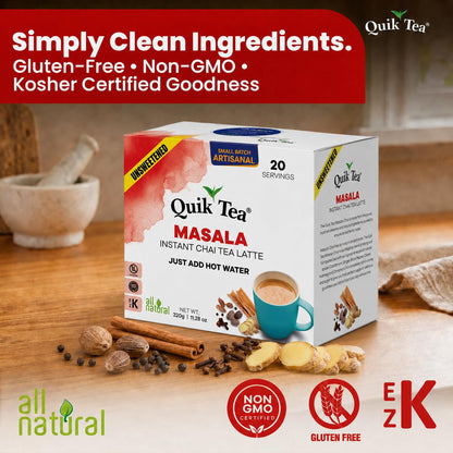 QuikTea Instant Chai Tea Latte Mix, Masala, Unsweetened, 20 Sachets