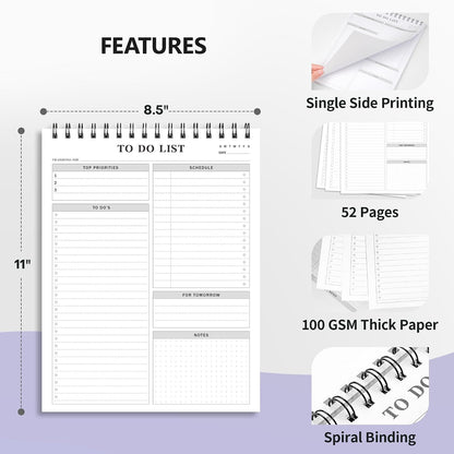 To Do List Notepad Notebook for Work 8.5"x11"Undated Daily Planner