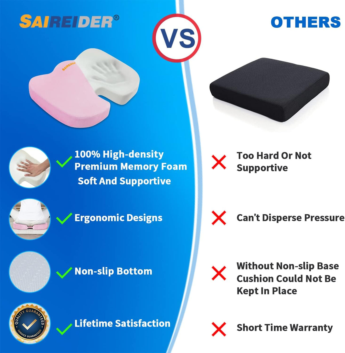 SAIREIDER Office Chair Cushion, Car Seat Cushion, Memory Foam Coccyx Cushion Pads for Tailbone Pain, Sciatica Relief Pillow, Correct Sitting Posture (Black)