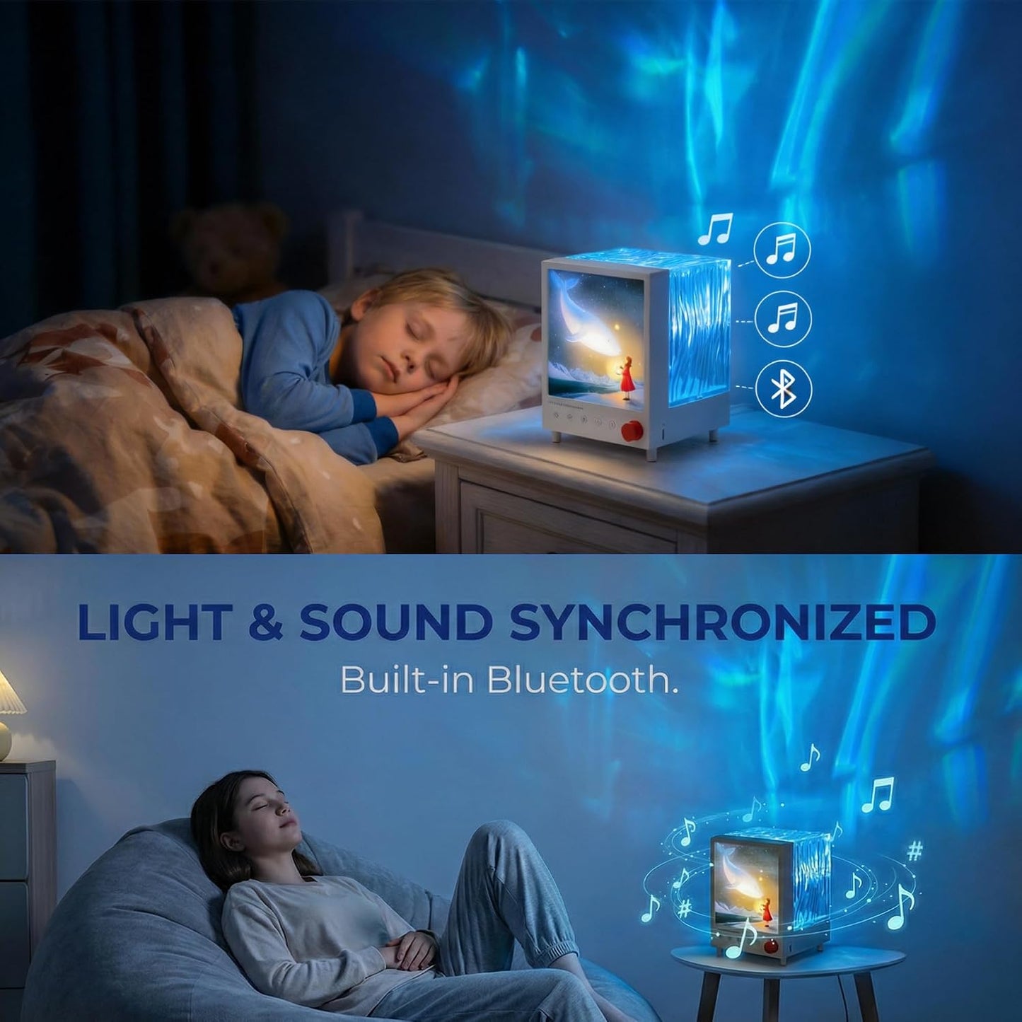 Ocean Wave Projector Light: Rechargeable Ocean Lights Projector with Bluetooth Ultra-Quiet < 25dB Motor with 10,000+ Hour Stable for Bedroom Relaxing Sleep Kids Room Atmosphere
