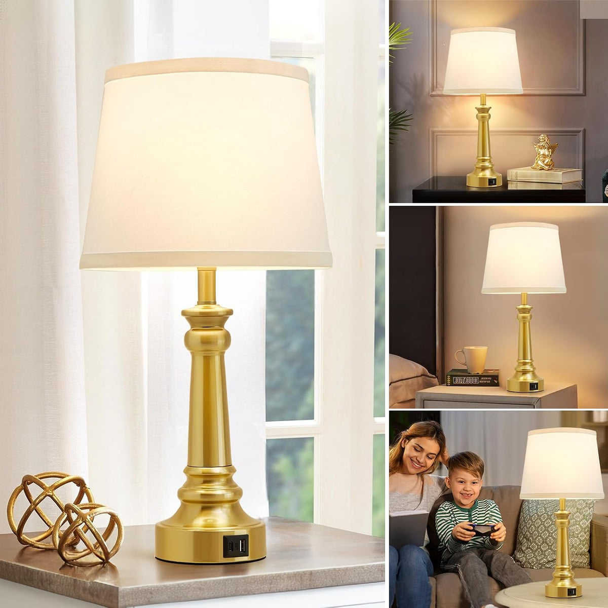 EJIAXIN Lamps for Bedrooms Set of 2, Brushed Nickel Bedside Lamps with USB C+A Ports,Dimmable Nightstand Lamps with Fabric Lampshade, Touch Table Lamp for Living Room Bedroom Office, Bulbs Included