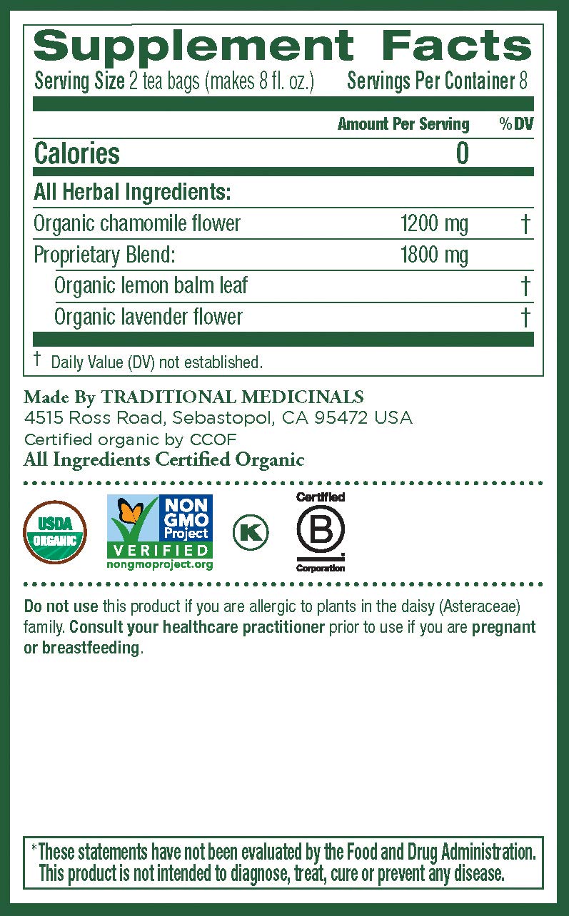 Traditional Medicinals Organic Chamomile with Lavender Herbal Tea (Pack of 1), Calms the Nervous System, 16 Tea Bags
