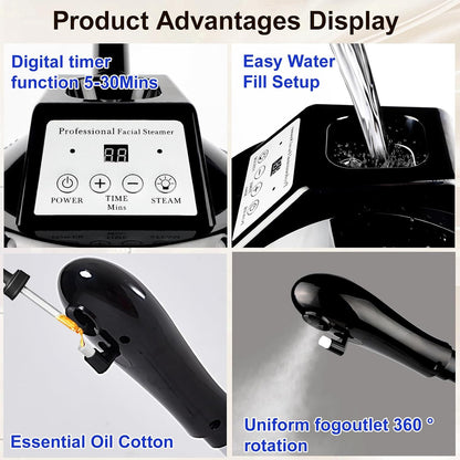 Professional Facial Steamer for Deep Cleansing and Hydration, Ozone Spa Face Steamer on Wheels, Adjustable Height and Angle,Estheticians Steamer More Steam,Suitable for Beauty, Spa and Home Use