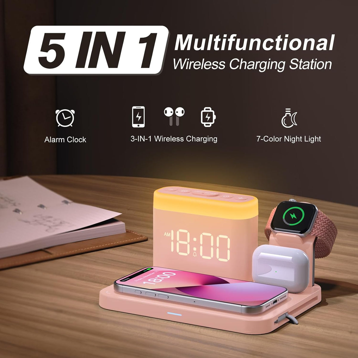 ANJANK Wireless Charging Station,5 in 1 Multiple Charger Stand with Alarm Clock,7 Night Light,Magnetic Charging Dock for iPhone 18 17 16 15 14 13 Pro Max Plus,Apple Watch 11/10/9/8,for Airpods,Bedroom