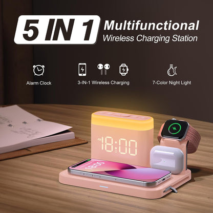 ANJANK Wireless Charging Station,5 in 1 Multiple Charger Stand with Alarm Clock,7 Night Light,Magnetic Charging Dock for iPhone 18 17 16 15 14 13 Pro Max Plus,Apple Watch 11/10/9/8,for Airpods,Bedroom