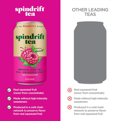 Spindrift Brewed Iced Tea, Raspberry Black Tea, Made with Real Squeezed Fruit, No Carbonation, Slightly Sweet, 12 Fl Oz Cans, Pack of 12 (Only 46 Calories per Can)