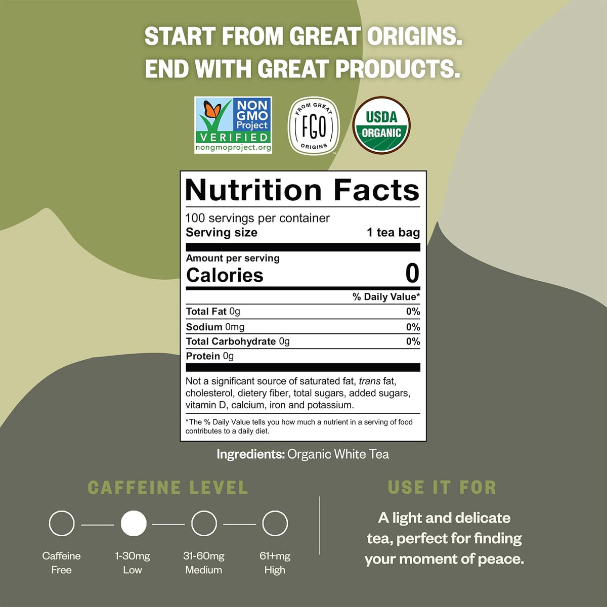 FGO Organic White Tea, 100 Count, Eco-Conscious Tea Bags, Resealable Bag, Packaging May Vary (Pack of 1)