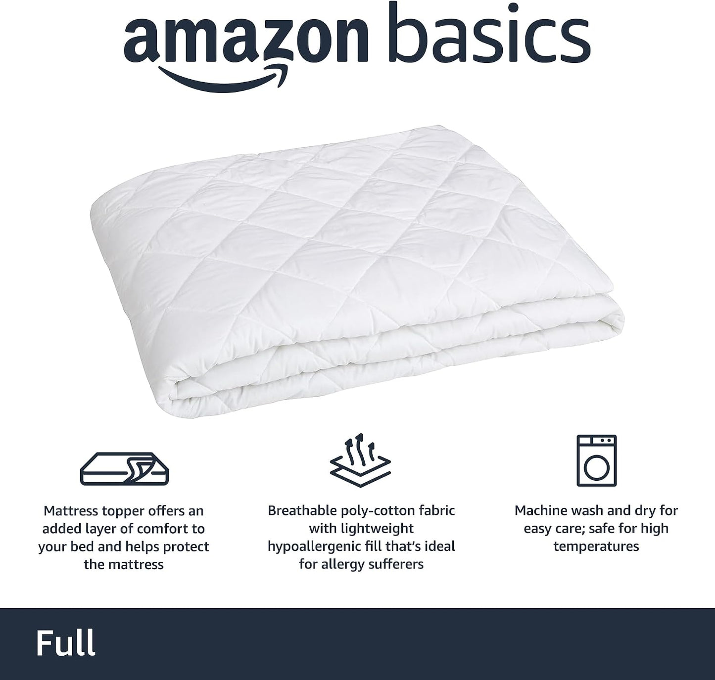 Amazon Basics Hypoallergenic Quilted Breathable Mattress Topper Pad with Protection, 18 Inches Deep, King Size, White