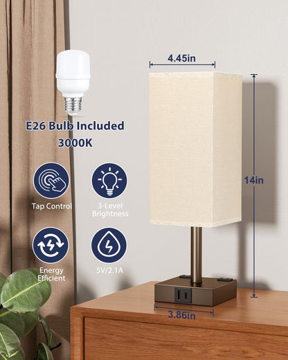 【Upgraded】Bedside Table Lamp Touch Control, with USB C+A Charging Ports & Dual AC Outlets, 3-Way Nightstand Lamp for Bedroom with LampShade Living Room Office(LED Dimmable Bulb Included)