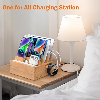 Bamboo Charging Station for Multiple Devices with USB Charger, 5 Cables