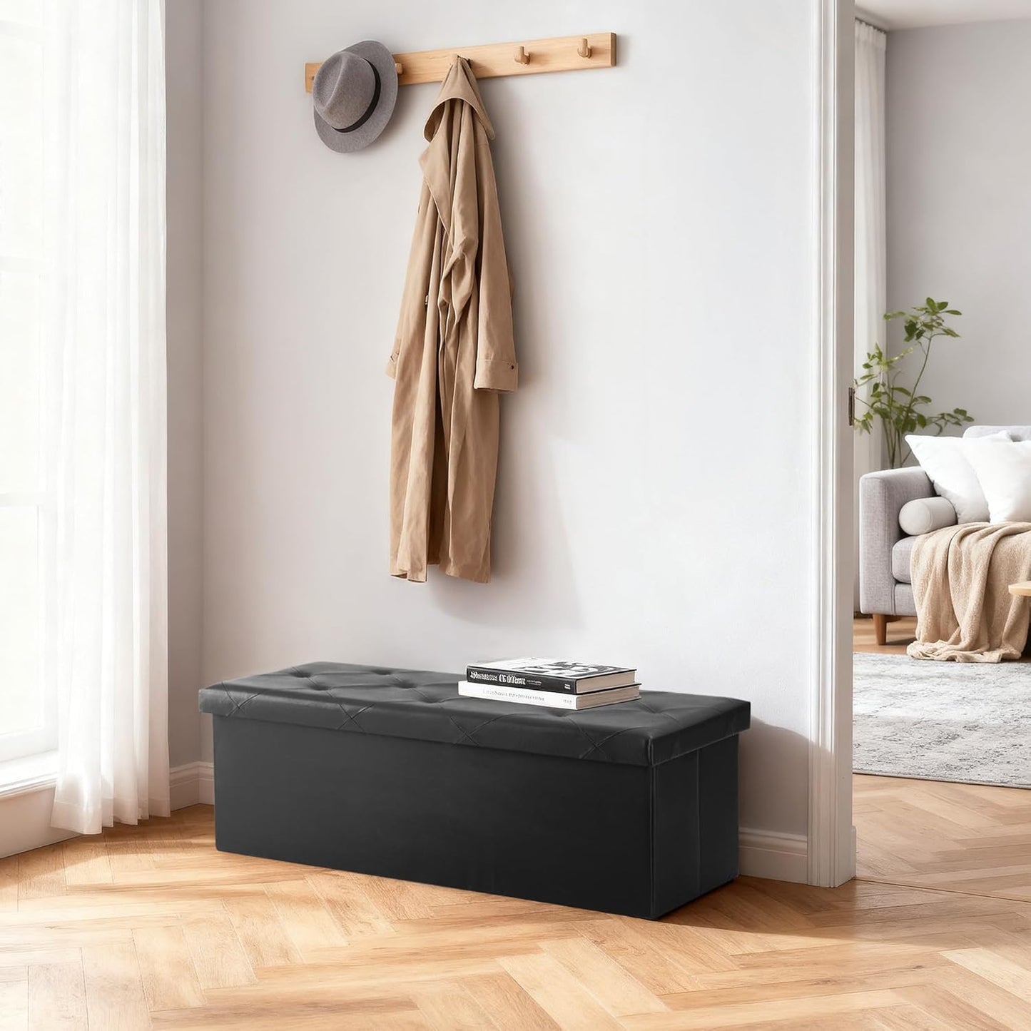 DUMOS 43 Inch Folding Storage Ottoman Bench, Large Hidden Storage Chest with Thicker Foam Padded Seat, End of Bed Foot Rest Stool for Bedroom Living Room Entryway, Load 660 lbs, Grey