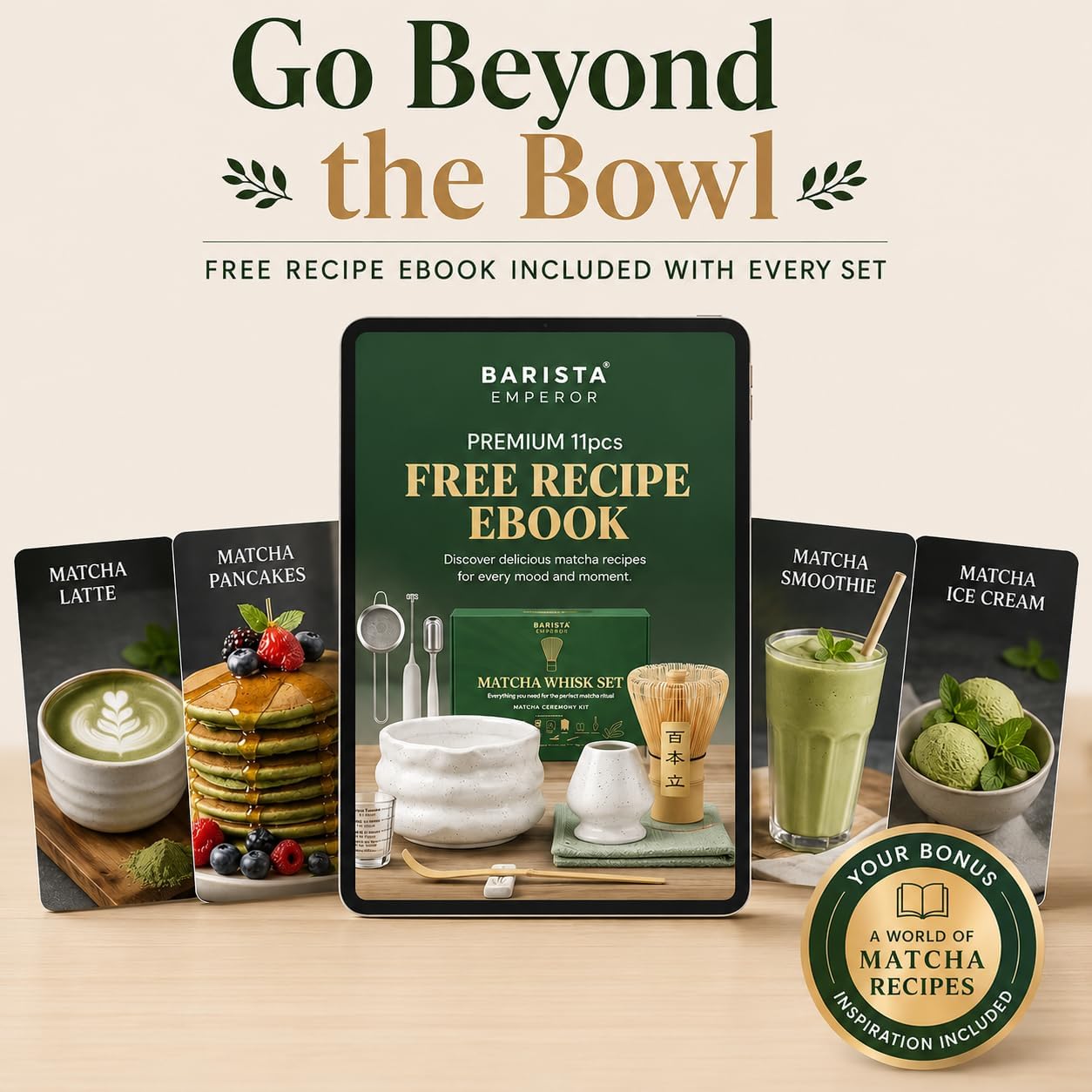 BARISTA EMPEROR® MATCHA WHISK SET PREMIUM 11pcs - Professional Matcha Kit Set with Matcha Bowl, Matcha Whisk, Milk Frother, Spoon, Sifter, Scoop, Stand, Cup, Tea Mat, Cloth - Matcha Bowl Set