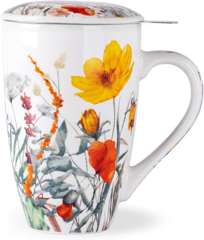 AmorArc 18oz Porcelain Tea Mug with Infuser & Lid, Loose Leaf Tea Cup with Stainless Steel Strainer, Large Coffee Mug Gift for Women, Tea Lovers, Home & Office