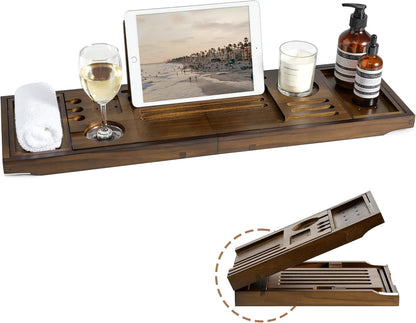 Bamboo Bathtub Tray Caddy - Splash-Proof Adjustable (28.5-40") with Wine Holder, Tablet Stand & Non-Slip Grip | Spa-Grade Organizer for Bath Essentials & Reading- Walnut