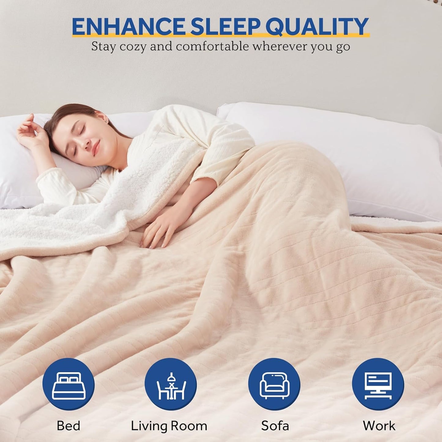 Sealy Heated Blanket Throw with Built-in Button Controller, Reversible Flannel to Sherpa Electric Blanket with 2-10 Hours Auto-Off & 4 Heating Levels, Over-Heat Protection, 50x60 inch, Beige